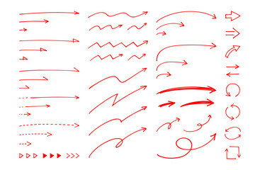 Hand drawn Arrow Set of Various Lengths. Solid Dashed Dotted Line Variations.