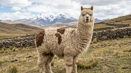 Obraz premium An alpaca grazes with snowy mountains in the background.