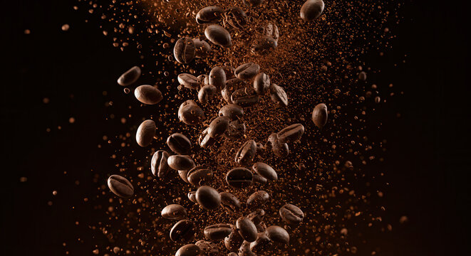 Explosion of Roasted Coffee Beans and Ground Coffee Particles