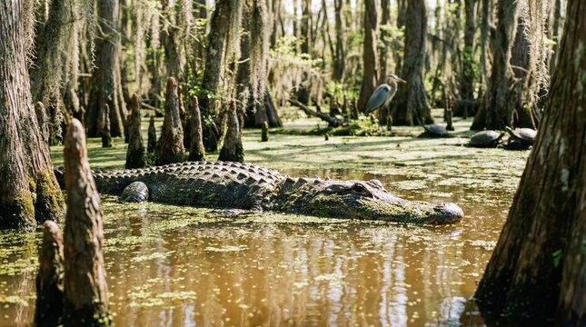 Alligator lurking in a Louisiana swamp environment.