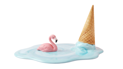 Conceptual studio shot of a pink flamingo floating in pastel blue melted ice cream next to an upside-down cone.