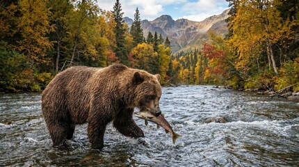 Bear catches salmon in a vibrant autumn landscape.