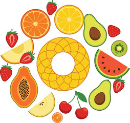Colorful fruit wreath composition with assorted fresh fruits arranged in circular frame representing healthy diet and nutrition concept © Shamim