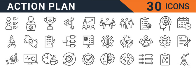 Thirty essential black outline vector icons illustrating key business action plan elements like strategy, teamwork, and goal achievement on white background