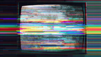 An old television screen displaying a colorful glitch, evoking feelings of nostalgia and technological disruption. The screen shows a static with vibrant bands of color 