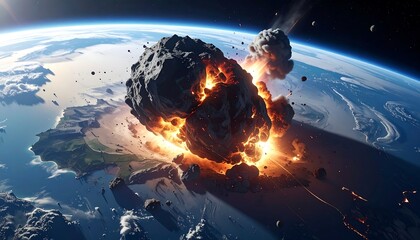 A dramatic depiction of an asteroid impact on Earth, showcasing the fiery explosion and shockwaves across the globe