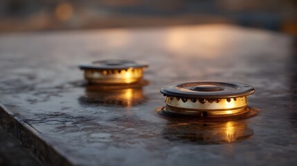 Two metallic gas stove burners are set on a wet reflective dark surface at dawn catching warm golden light