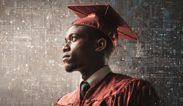 Young african american male college graduate in red cap and gown looking thoughtfully into the distance against a digital technological background
