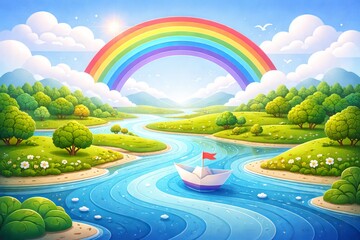 Obraz premium A 3D illustrative paper-cut landscape featuring a rainbow arching over winding rivers, clouds, green islands, and a small paper boat. With strong layered depth, smooth gradient, bright saturated color