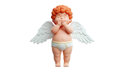 Cupid with hands over mouth on white background