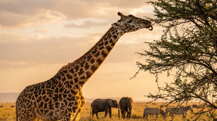 Giraffe enjoying a leafy meal at sunset with zebras and elephants.