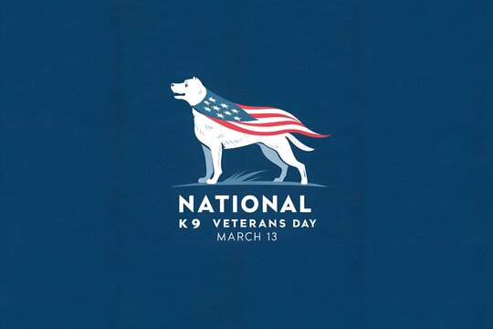 Commemorative graphic featuring a patriotic service dog draped in an American flag banner honoring the observance of national k9 veterans day on march thirteenth annually with solemn respect