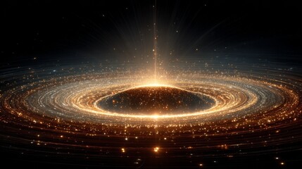 Circular golden light effect with spiral pattern on black background, fantasy style glowing halo, high resolution ray traced design, luminous magical abstract concept