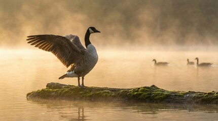 Goose stretching wings at sunrise over misty water.