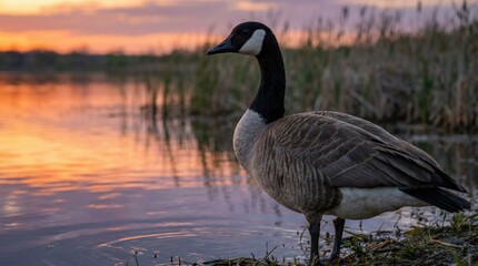 Obraz premium Goose stands serene by the water's edge at sunset.