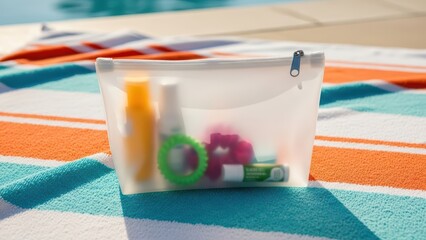 Transparent travel pouch on colorful towel by poolside with sunscreen and toiletries in summer sunlight