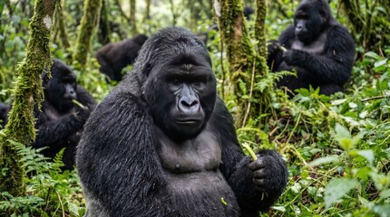 Mountain gorilla sits amidst lush green foliage.