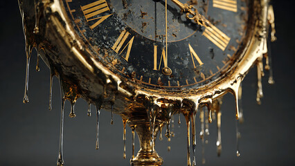 A melting gold clock with Roman numerals stands prominently against a dark gradient backdrop.