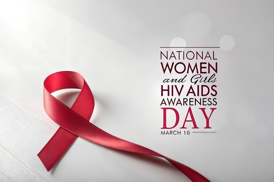 A symbolic red awareness ribbon rests beside elegant text commemorating national women and girls hiv aids awareness day on march ten with clean minimalist design elements