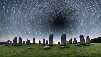 Ancient stone circle with concentric star trails — night landscape & astro editorial
