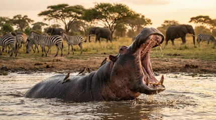 Hippo yawns, zebras graze in the background.