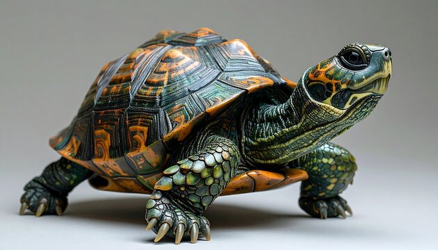 A close-up view of a turtle against a neutral background. The turtle has intricate shell patterns and a watchful gaze