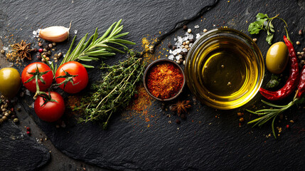 Overhead View of Culinary Ingredients with Olive Oil, Tomatoes, Herbs and Spices on Slate.