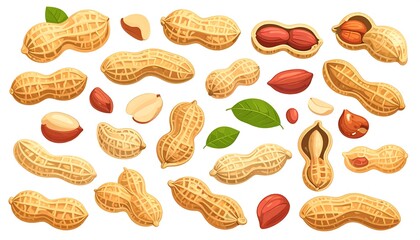 A flat lay illustration showcases various peanuts in shells and out, with some leaves, against a white background