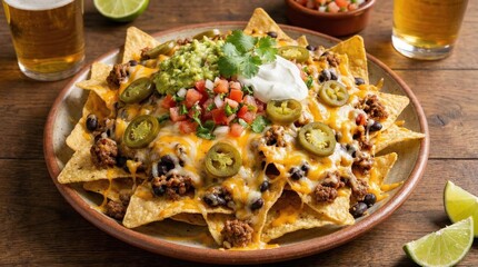 Delicious loaded nachos with cheese, beans, guacamole, and jalape?os.
