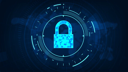 Cyber security lock technology concept with key icon on world map background.