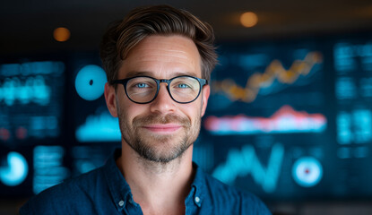 Confident young male business professional with glasses presenting data on digital screens in a modern office environment