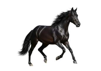 Majestic black horse in full gallop with flowing mane isolated on transparent background