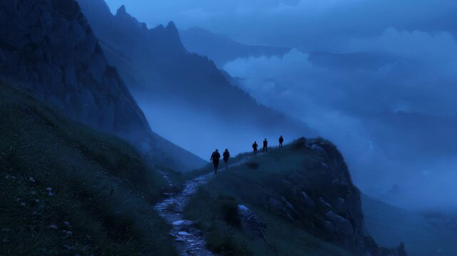 Hikers ascend a misty mountain path during early morning hours with a soft glow illuminating the sky