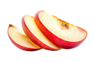 Three vibrant red apple slices arranged together isolated on transparent background