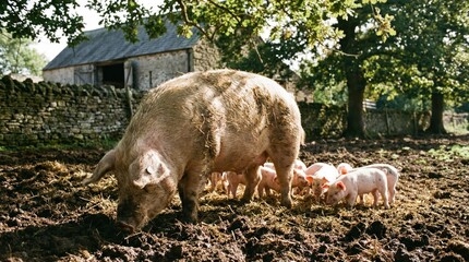 Mother pig with piglets in a farmyard setting.