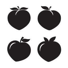 Peach with leaves silhouette vector illustration featuring a simple, minimal peach design. Includes four variations of black peach shapes with clean, flat outlines.