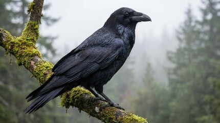 Obraz premium A raven perched on a mossy branch in a misty forest.