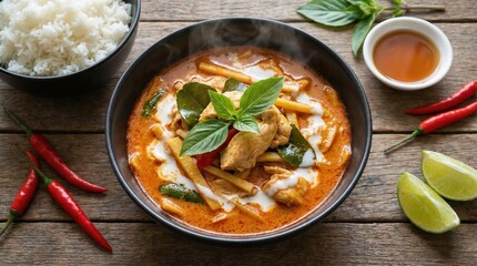 Delicious Thai red curry with rice and fresh ingredients.