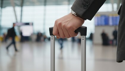 Close-up of a businessman's hand gripping a rolling suitcase handle inside a busy airport terminal.