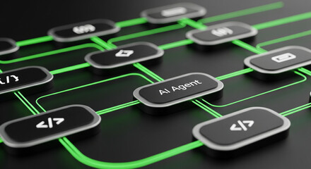 ​AI Agent Network Concept with Glowing Green Connection Lines and Coding Symbols