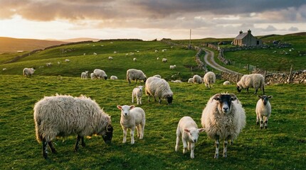 Obraz premium Flock of sheep grazing in a lush green pasture.