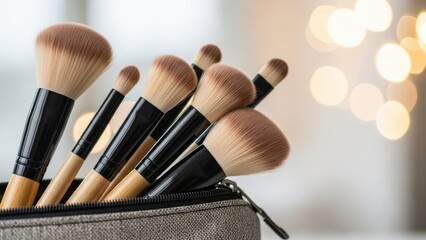 Set of soft makeup brushes in a stylish gray case with blurred bokeh background for cosmetic beauty and professional application