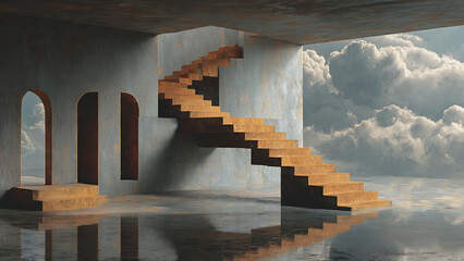 Surreal staircase ascending to cloudy sky through arches and reflections