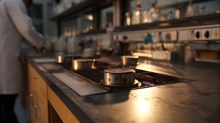 Fototapeta premium Detailed view of active gas burners on a metallic laboratory bench with a blurred scientist in the background conveying a scientific research