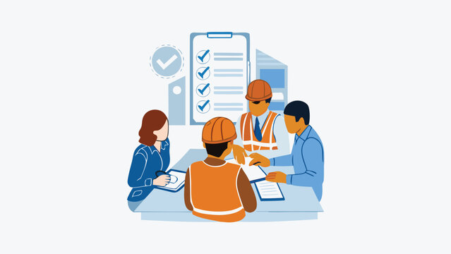 Construction team reviewing project checklist at meeting