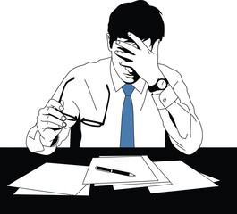 Illustration of a stressed businessman in a white shirt and blue tie facepalming in despair while holding his glasses.