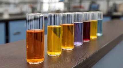 Rows of colorful liquids in glass test tubes displayed on a wooden laboratory surface symbolizing scientific research and discovery