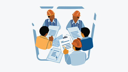 Diverse team collaborating on construction project with documents and hard hats