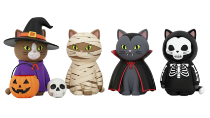 Four Halloween Cats in Costumes: Witch, Mummy, Vampire, Skeleton