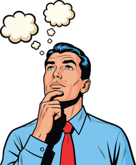 Pop art illustration of a thoughtful man with dark hair hand on chin and empty thought bubbles.